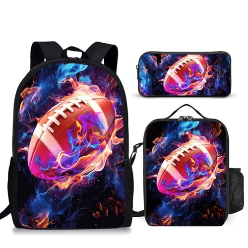 Football Backpack Set for School,17 Inch Casual School Bags with Lunch Box, Kids Daypack Bags and Pencil Case Set for Teens Boys Men Students - color: Football