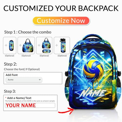 Boys Backpack for Kids Teens Personalized Schoolbag for Volleyball Lovers, Large Capacity Bookbag for School Travel Hiking - color: Blue