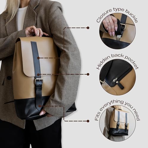 Leather Backpack - Spacious Minimalist Daypack with Adjustable Shoulder Straps and Flap Buckle Closure - Durable Everyday Work Carry 15x11.8x3.9 Cappuccino Black - color: Cappuccino Black