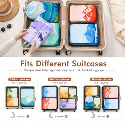 7-Piece Compression Packing Cubes for Travel, Patterned Expandable Luggage Organizer Bags with Double Zipper & Mesh Panel, Shoe Bag & Drawstring Bag for Carry-On, Vacation, Camping