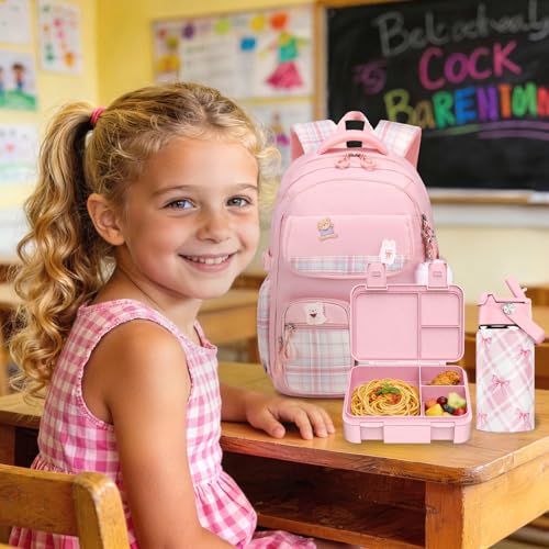 ACESAK 5PCS Backpack for Girls with Bento Box & 14oz Insulated Water Bottle - Cute School Girls Backpacks for Elementary Preschool Middle with Lunch Bag & Pencial Case, Back To School Gift (Pink) - color: Pink