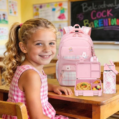 ACESAK 5PCS Backpack for Girls with Bento Box & 14oz Insulated Water Bottle - Cute School Girls Backpacks for Elementary Preschool Middle with Lunch Bag & Pencial Case, Back To School Gift (Pink) - color: Pink