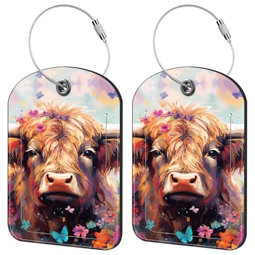 2 Pack Cute Luggage Tag for Suitcases Red Cow Leather Luggage Tags with Stainless Steel Loop Privacy Flap Name Tags,Men and Women Travel Bag Suitcase Tags - color: Red Cow