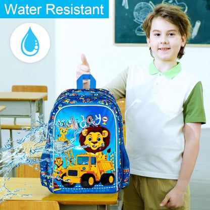 16" Kids Backpack for Boys, 3Pcs Excavator Bookbag Set for Elementary Preschool Kindergarten, Lion School Backpacks with Lunch Box(Blue) - color: Lion Blue
