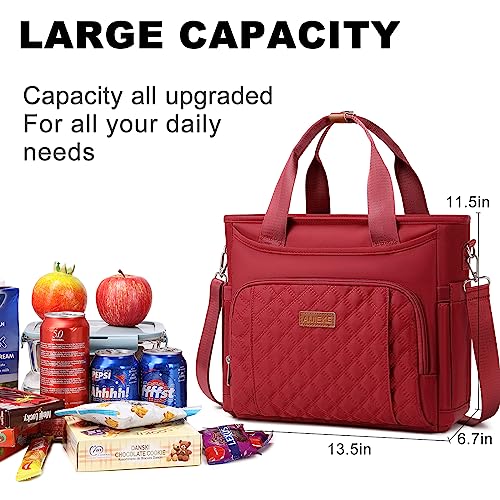 AIJIEKE Large Insulated Lunch Bag for Women, Leakproof Work Lunch Box Tote | Keeps food fresh 8-12 hours. Spacious multi-pocket design with a removable strap. Water-resistant and easy-wipe interior - color: Red