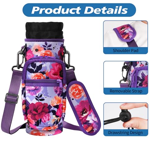 AceTreker 32 40 oz Water Bottle Carrier with Strap, Neoprene Water Bottle Sleeve Bag with 2 Pockets Insulated Flask Sling Holder for Walking Hiking Gym - color: A6. Purple Flower