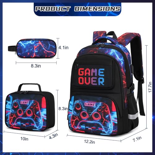 Scothen 3PCS Boys Backpack Set, Cool Backpack for Boys with Lunch Bag & Pencil Case, Kids School Bag Teen Boy Bookbag for Kindergarten Elementary Middle School with USB Charging Port - color: Futuristic Red & Blue Lightning