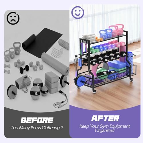 PARTPHONER Dumbbell Weight Rack, Home Gym Storage for Kettlebells Yoga Mat and Balls, All in One Workout Storage with Wheels and Hooks, Powder Coated Finish Steel - size: 49.6"(L)x15.8"(W)x39.8"(H)