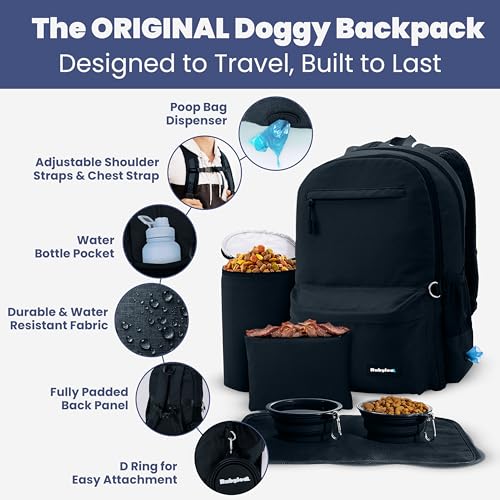 Dog Travel Bag for Supplies - Complete Dog Diaper Bag Backpack with 2 BPA-Free Travel Bowls, Treat Pouch, Food Container, Placemat & Laptop Sleeve – for Traveling, Road Trips, Hiking: Black - color: Black