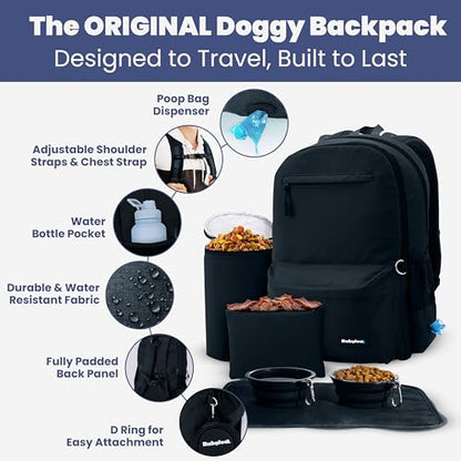 Dog Travel Bag for Supplies - Complete Dog Diaper Bag Backpack with 2 BPA-Free Travel Bowls, Treat Pouch, Food Container, Placemat & Laptop Sleeve – for Traveling, Road Trips, Hiking: Black - color: Black