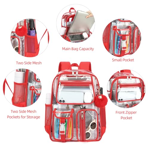 Clear Backpacks for Girls Women, Heavy Duty PVC Transparent School Bookbag See Through Back Pack for College Work Travel (Red) - color: Red