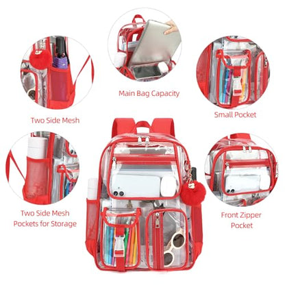 Clear Backpacks for Girls Women, Heavy Duty PVC Transparent School Bookbag See Through Back Pack for College Work Travel (Red) - color: Red