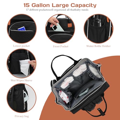 Diaper Bag Backpack for New Parents, Large Capacity Baby Travel Bag with Bottle Holders, Multiple Compartments (Black) - color: Black