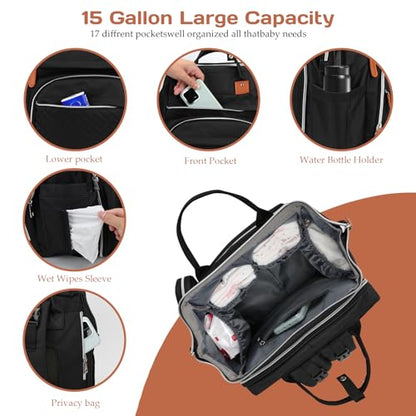 Diaper Bag Backpack for New Parents, Large Capacity Baby Travel Bag with Bottle Holders, Multiple Compartments (Black) - color: Black
