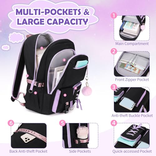 ACESAK Backpacks for Girls, Girls Backpack with Lunch Box and Pencil Case for Teen Kids Elementary Middle High School College Student, Children Backpack Bookbag with USB Charging Port (Black Purple) - color: Black With Purple Zipper