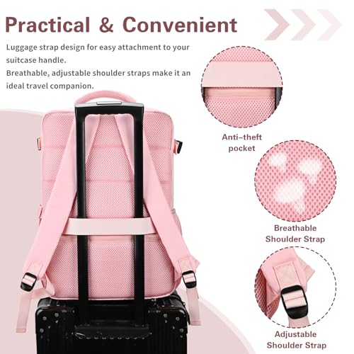 Carry On Backpack for Women & Men – Airline Approved Underseat Size, 15.6" Laptop Compartment, TSA-Friendly 180° Opening, Anti-Theft Business Travel Backpack with Trolley Sleeve (Pink, Large) - color: Pink, size: Large