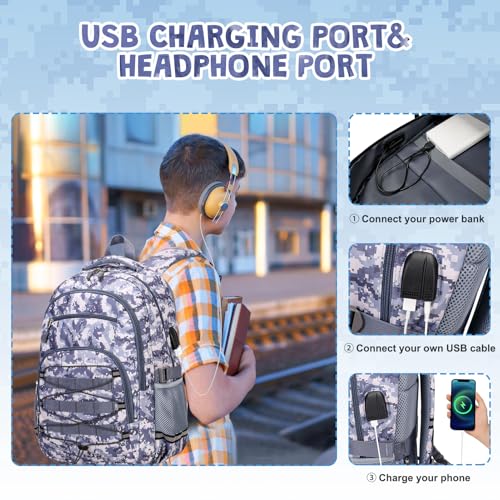 ACESAK Camo Backpack for Boys, Tactical Kids Backpack Boys, School Bags for Boy Children Teens Kids Elementary Middle High School, Military Bookbag and Lunch Bag Pencil Case Set with USB Charging Port - color: Grey Camo