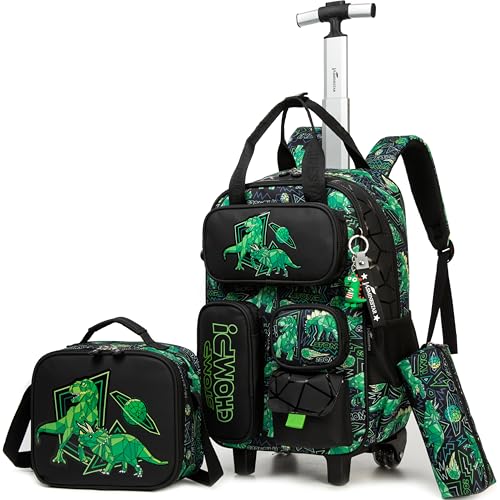Kids Rolling Backpack with Wheels for Elementary Preschool Students 16inch Boys Travel Luggage Carry on Backpack for Boys Ages 6-8 Dinosaur - color: B Dinosaur