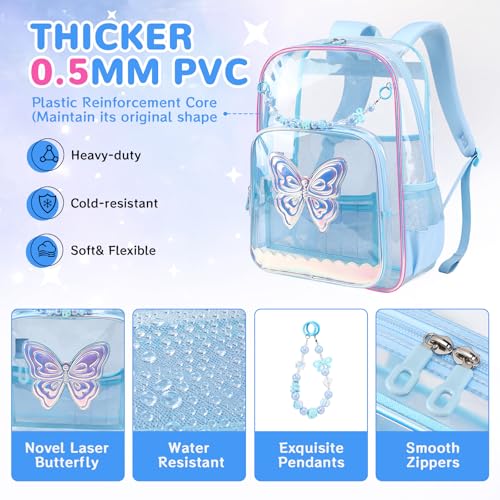 MUSEVOS Clear Backpack for School, Clear Bookbag for Girls PVC Heavy Duty Transparent Backpack, Blue Butterfly - color: Blue