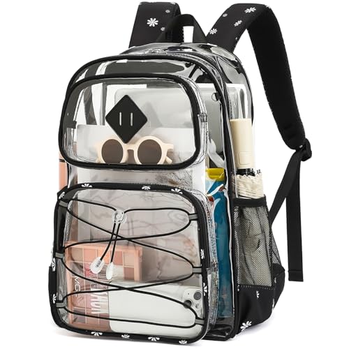 Clear Backpacks for Girls Women, Heavy Duty PVC Transparent Back Pack See Through Boys Kids Clear Bookbags for School Daisy Black - color: Daisy Black