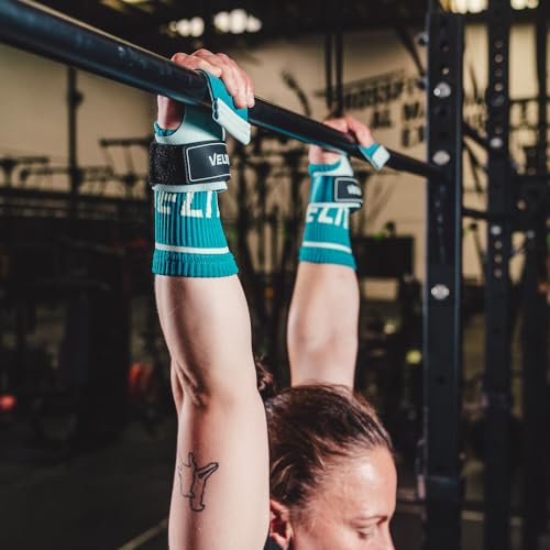Velites - Official Games Quad Pro Grips - with Chalk - Wristbands Included - Pull-ups, Muscle-ups, and Toes-to-bar - color: LIGHT BLUE, size: X-Large
