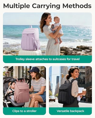 BAGSMART Diaper Bag Backpack, Large Baby Diaper Bag, Quilted Puffy Baby Bag for Mom with Quick-access Insulated Pockets, Lightweight Versatile Travel Backpack - color: Black