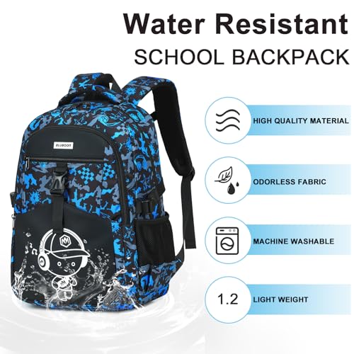 Bluboon Boys School Backpack, Lightweight Kids Bookbag for Elementary and Middle School, Water-Resistant Student Backpack Fits 15.6 Inch Laptop, Chest Strap, Multiple Pockets - color: Blue Graffiti