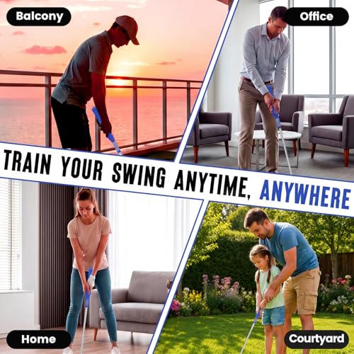 5-in-1 Golf Swing Trainer for Right-Handed Golfers with Click Feedback, Retractable Training Aid, Grip Trainer & Arm Band, Improve Tempo & Swing Path, Indoor Outdoor Practice - color: Black
