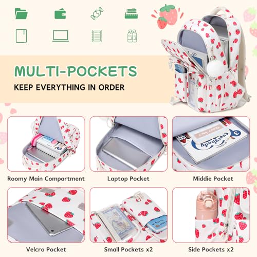 Girls Backpack, School Backpack for Girls, Cute Bow Kids Bookbag for Grils Children Teens for Elementary Middle High School Student, Back To School, White Strawberry 3pcs - color: White Strawberry-3pcs