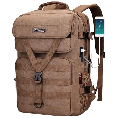 WITZMAN Travel Backpack for Men Large Canvas Laptop Backpack Fit 16 inch Carry on TSA Friendly Flight Approved Vintage Rucksack for Traveling(A8012 Brown) - color: Brown