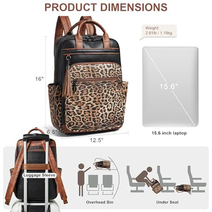 Shrrie Laptop Backpack for Women 15.6 inch Travel Leather Backpack Purse Work Computer Backpacks for Business College Black With Leopard - color: Black With Leopard