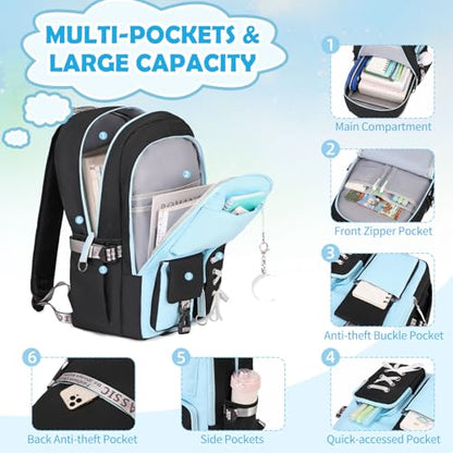 ACESAK Backpacks for Girls, Girls Backpack with Lunch Box and Pencil Case for Teen Kids Elementary Middle High School College Student, Children Backpack Bookbag with USB Charging Port (Blue) - color: Black & Blue