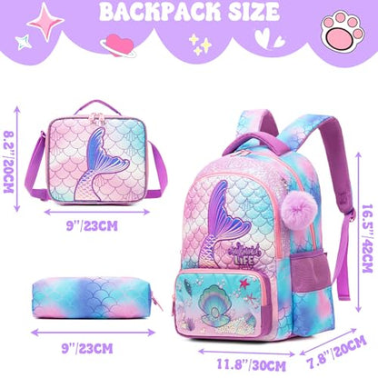 Meetbelify Kids School Backpacks for Girls Boys Backpack with Lunch Bag for Elmentary Students - color: 01 Mermaid