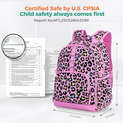 Choco Mocha Kids Backpack for Girls Cheetah Backpack Kids Elementary School Backpack for Girls Ages 6-8 Kid Bookbag 17 Inch with Chest Strap, Pink - color: Leopard-pink
