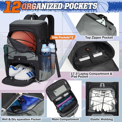 RAINSMORE Basketball Backpack 45L Basketball Bag with Separate Ball Holder & Shoes Compartment Water Resistant Sports Bag Basketball Equipment Bags Fit Volleyball, Soccer, Swim, Gym, Travel - color: Grey