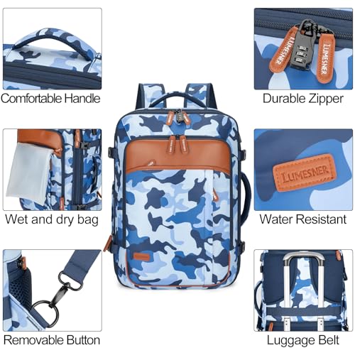 BAGPARKK Travel Backpack 42L Carry on Backpack Flight Approved Expandable Travel Backpack Carry on Backpack Luggage Daypack (Blue Camouflage) - color: Blue Camouflage