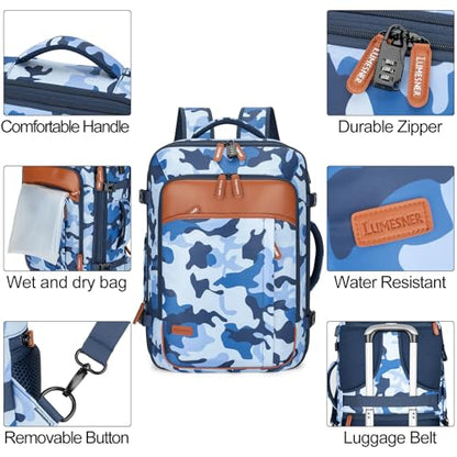BAGPARKK Travel Backpack 42L Carry on Backpack Flight Approved Expandable Travel Backpack Carry on Backpack Luggage Daypack (Blue Camouflage) - color: Blue Camouflage