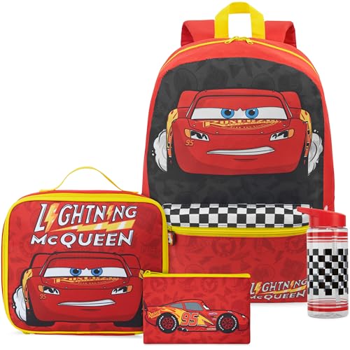 Get Trend Disney Cars Boys 4 Pc Backpack Set with Lightning McQueen Lunch Bag Water Bottle Pencil Case, Gifts for Boys (Red/Yellow Cars) - color: Red/Yellow Cars