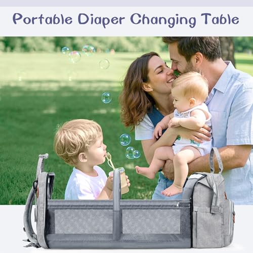 JOYCE Diaper Bag Backpack with Changing Pad, Water-Resistant, Grey | Portable changinag pad, insulated bottle pockets, stroller straps, pacifier case, Multi-Compartment storage - color: Grey