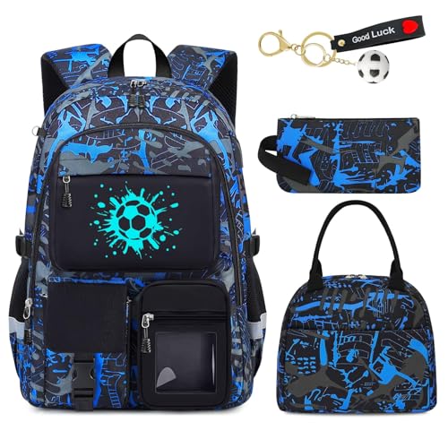 School Backpack for Boys - 4pcs Soccer Boys Backpack with Lunch Box Set for Kids Teens Elementary Middle High School - 18" Large Capacity School Bookbag with Multiple Pockets - color: Soccer-backpack Set