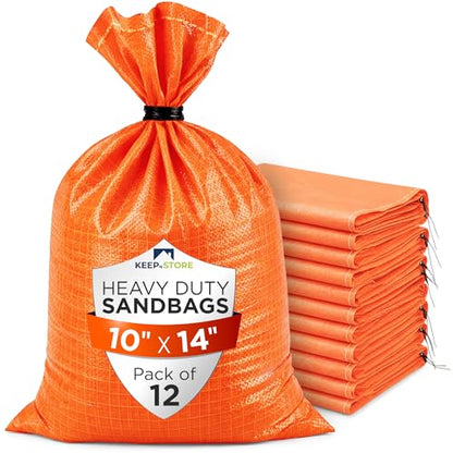Heavy Duty Sand Bags Pack of 12, Bright Orange Empty Sandbags with Built-In Ties, Woven Polypropylene UV Protection 1600 Hours, Fillable Bags for Flood Control, Weight, 10x14 inches, 15 Pounds Volume - size: 10"W x 14"L, style: Pack of 12