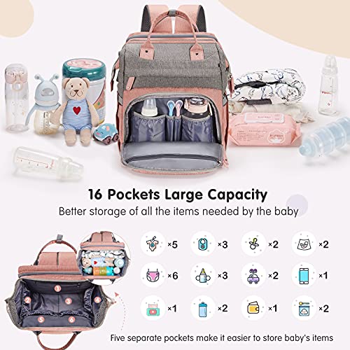 DERJUNSTAR Baby Diaper Bag Backpack with ChangingStation-Large Capacity Baby Bag for Boys & Girls, USBCharging Port, Pacifier Case, sunshade & Toy Bar,Waterproof, Baby Pink - color: Baby Pink