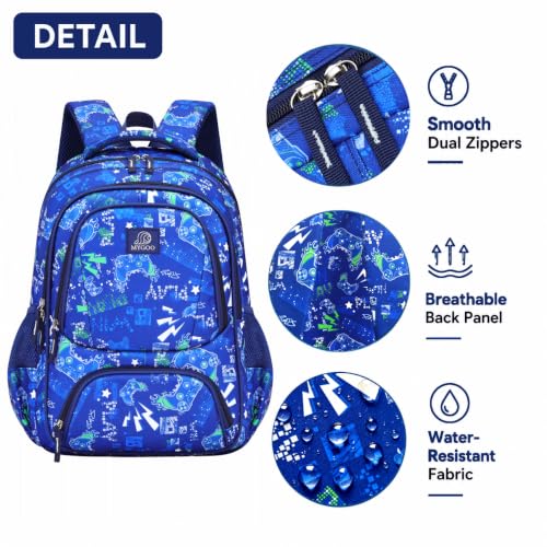 MYGOO Boys School Backpack Doubleday Gamer Blue Bookbag for Elementary Middle School Ages 5-12, 17 inch Large Capacity 24L Kids Student Travel Bags - color: Doubleday Gamer Blue