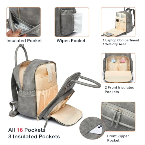 Leather Diaper Bag Backpack for Women with Multiple Pockets,Laptop Compartment and Changing Pad. - color: Grey