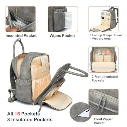 Leather Diaper Bag Backpack for Women with Multiple Pockets,Laptop Compartment and Changing Pad. - color: Grey
