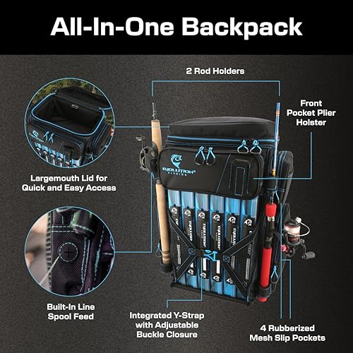 Evolution Fishing Drift Series Tackle Backpack, Outdoor Rucksack w/ 6 Fishing Tackle Trays, Heavy Duty - color: Blue, size: 3600