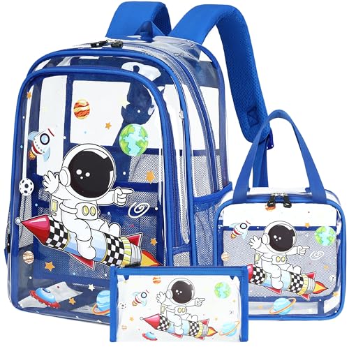 AO ALI VICTORY Clear Backpack for Boys Girls,15.6 Inch Kids Backpack Set with Lunch Bag Pencil Case PVC Elementary Bookbag for School Students See Through Transparent Travel Back Pack,Blue Astronaut - color: Blue Astronaut 3pcs