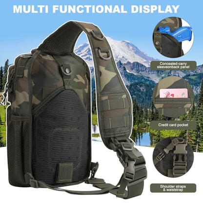 Rover Sling Pack Tactical Shoulder Sling Bag Backpack with Bottle Holder Crossbody Chest Bag, Woodland - color: Woodland