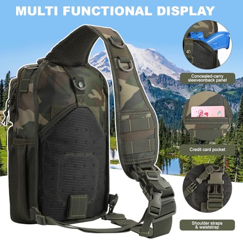 Rover Sling Pack Tactical Shoulder Sling Bag Backpack with Bottle Holder Crossbody Chest Bag, Woodland - color: Woodland