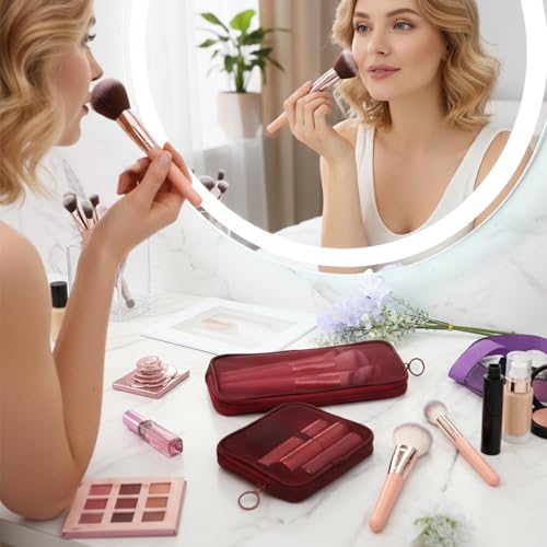 2 Pcs Purse Organizer Pouches Red Mesh Makeup Bag Mesh Cosmetic Bag Burgundy Makeup Bags Portable Travel Organizing Zipper Pouch Toiletries Make Up Pouches for Home Office Travel Accessories